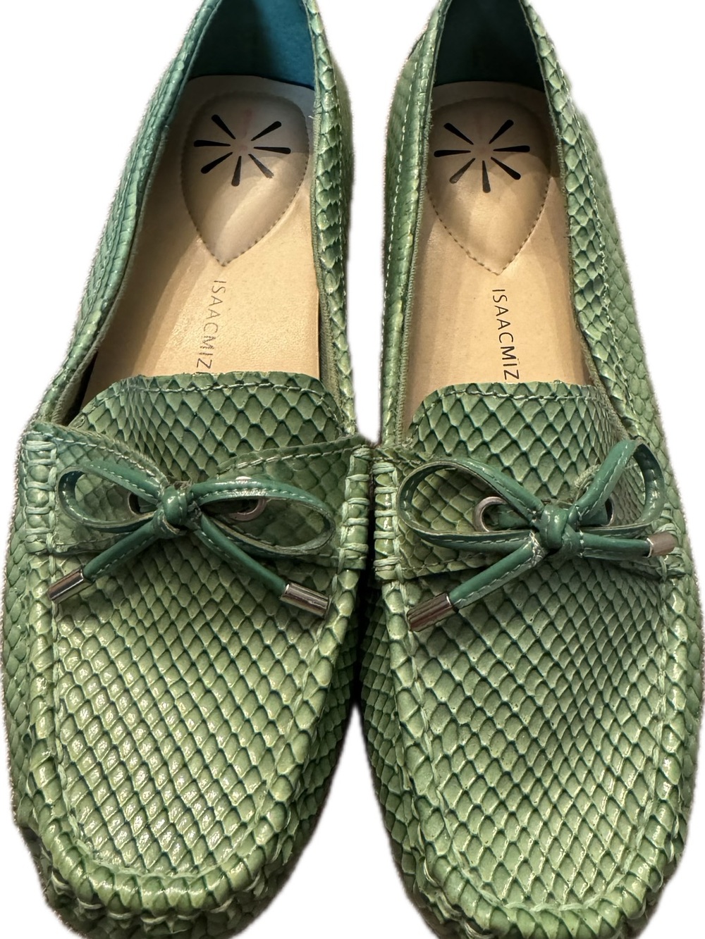 Isaac Mizrahi Sage Green Woven Leather Bow Loafers